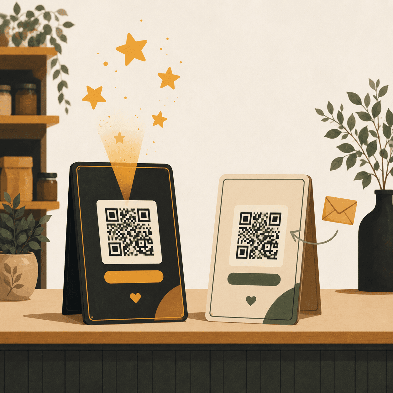 Two counter cards — one sending five-star reviews out, one bringing private feedback back